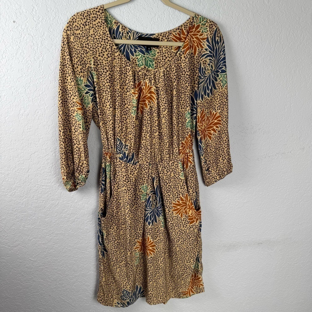 Corey Lynn Calter Anthropologie Silk Floral Tan and Purple Midi Dress Size 4